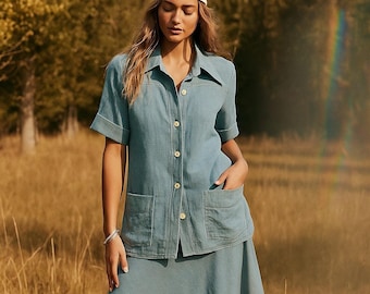 Vintage 1970er Jahre Retro Zweiteiler Blau Freizeit Rock Anzug Outfit Set S/M