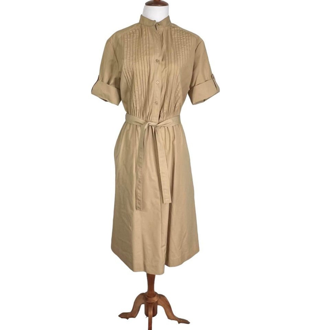 Vintage 80s Khaki Pleated Safari Style Shirtdress W Pockets 14 - Etsy