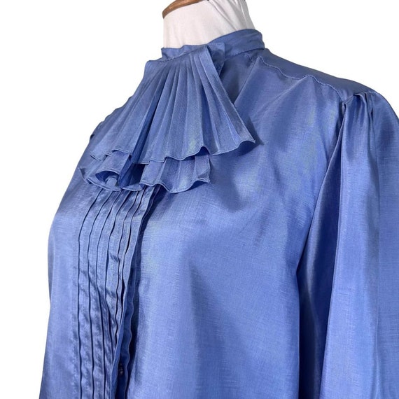 Vintage 80s Shapely Blue Ruffle Neck Blouse L - Gem