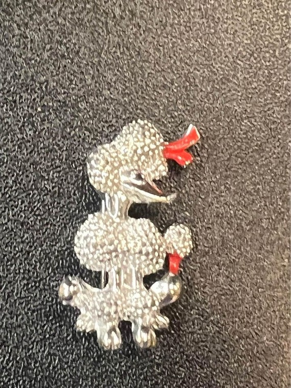 Vintage 50s Silver Tone Red Enamel Poodle Pin Pen… - image 5