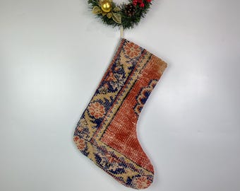 Media navideña con alfombra turca vintage, hecha a mano con auténtico kilim tejido a mano, decoración navideña bohemia.