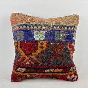 16x16 Vintage Turkish Pillow, Kilim Cushion, Throw Pillow, Morrocan Pillow, Ottoman Pillow Cover, Embroidered Pillow, Boho Pillow Cover