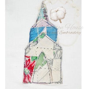 May include: A fabric church applique with a patchwork design. The steeple is blue and green, the body is white with floral and patterned fabric, and a red flower is on the side. A cotton boll and text are in the background.