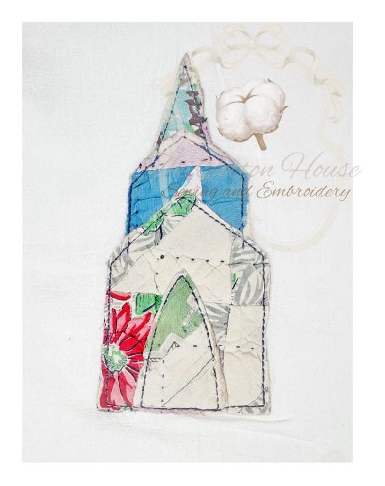 May include: A fabric church applique with a patchwork design. The steeple is blue and green, the body is white with floral and patterned fabric, and a red flower is on the side. A cotton boll and text are in the background.