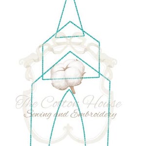 May include: An illustration featuring a teal outline of a church-like structure, with a cotton flower in the center. The text "The Cotton House Sewing and Embroidery" is at the bottom.