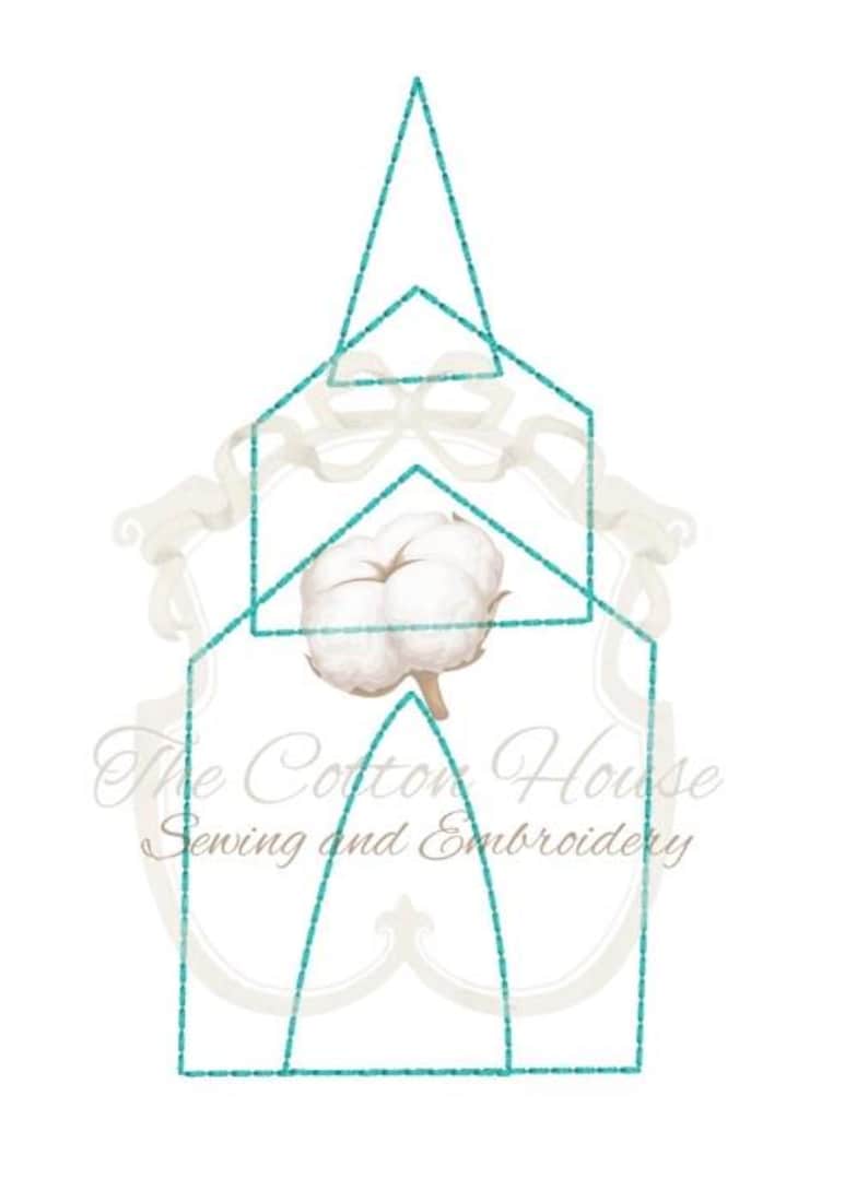 May include: An illustration featuring a teal outline of a church-like structure, with a cotton flower in the center. The text "The Cotton House Sewing and Embroidery" is at the bottom.