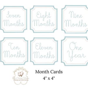 May include: Set of six baby month cards with a light blue border and text. The cards read "Seven Months", "Eight Months", "Nine Months", "Ten Months", "Eleven Months", and "One Year". The cards are 4" x 4".
