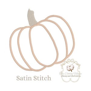 May include: A light beige satin stitch pumpkin design with a light beige stem. The text "Satin Stitch" is below the pumpkin. The Cotton House logo is in the lower right corner.
