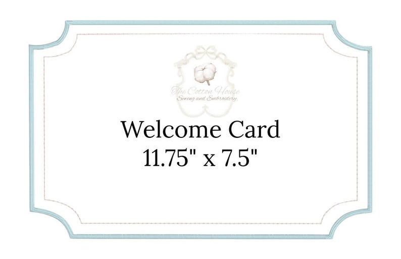 May include: A white welcome card with a light blue border and the text "Welcome Card". The card measures 11.75 inches by 7.5 inches. The Cotton House logo is at the top, featuring a cotton plant.