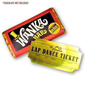 May include: A rectangular candy bar wrapper with a red and black design featuring the text Wanka Bar and a yellow starburst label reading Win a Trip to the Bedroom, accompanied by a metallic gold ticket labeled Wanka Lap Dance Ticket.