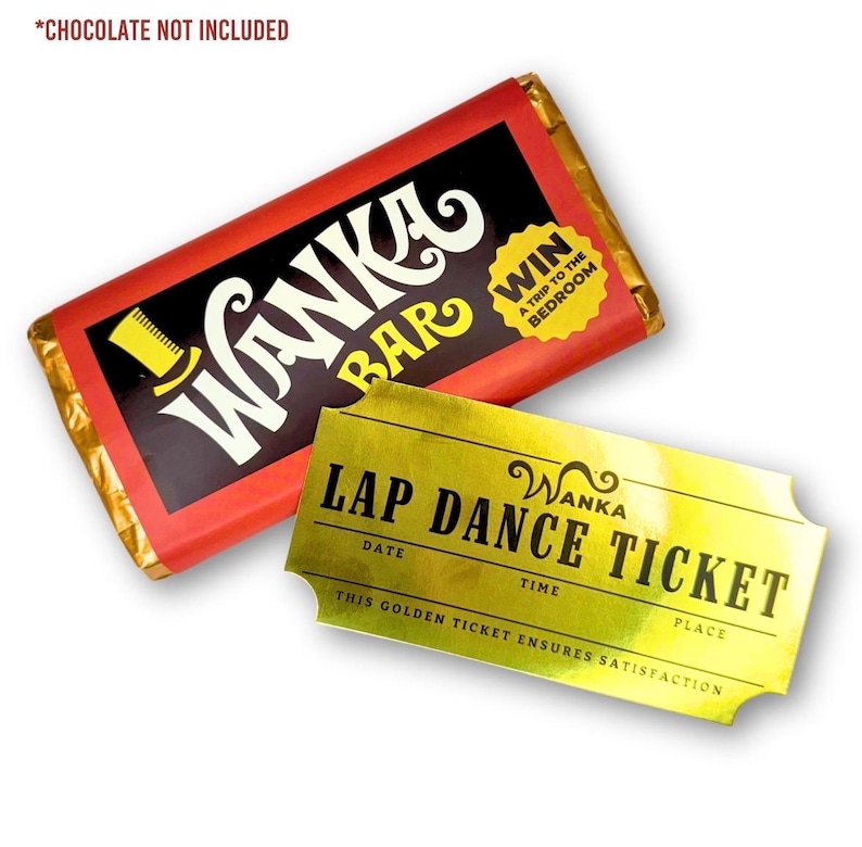 May include: A rectangular candy bar wrapper with a red and black design featuring the text Wanka Bar and a yellow starburst label reading Win a Trip to the Bedroom, accompanied by a metallic gold ticket labeled Wanka Lap Dance Ticket.