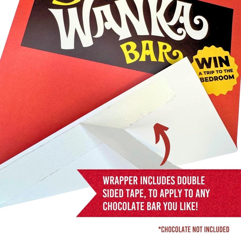 May include: A red and black rectangular paper wrapper featuring the text WANKA BAR in white and yellow lettering. A yellow starburst graphic displays the text WIN A TRIP TO THE BEDROOM. The wrapper includes a strip of double-sided tape for application.