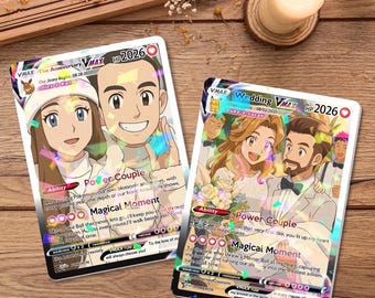 May include: Two collectible trading cards featuring cartoon couples. One card is titled "The Anniversary" and the other "Wedding." Each card has a colorful illustration of a couple, with text including "Power Couple" and "Magical Moment."