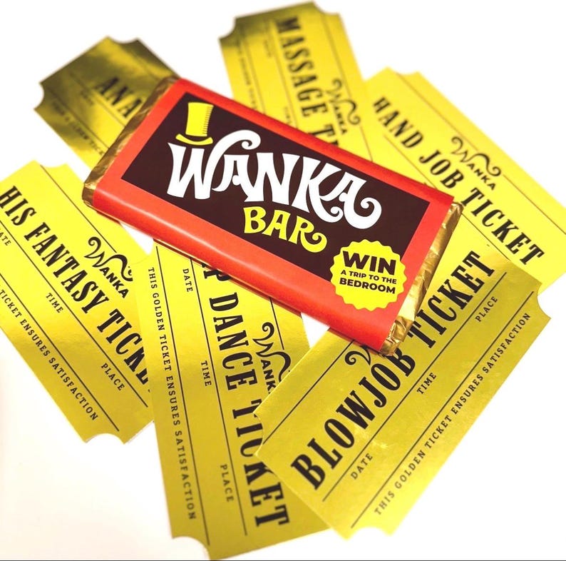 May include: A rectangular Wanka Bar chocolate wrapper with red and brown accents, featuring a yellow top hat icon and text reading Win a Trip to the Bedroom. It is surrounded by several gold-colored rectangular tickets with black text.