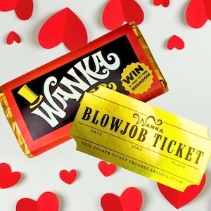 May include: A rectangular chocolate bar wrapper with a red and black design featuring the text WANKA and a yellow starburst reading WIN A TRIP TO THE BEDROOM, accompanied by a metallic gold rectangular ticket labeled BLOWJOB TICKET.