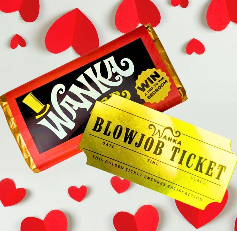 May include: A rectangular chocolate bar wrapper with a red and black design featuring the text WANKA and a yellow starburst reading WIN A TRIP TO THE BEDROOM, accompanied by a metallic gold rectangular ticket labeled BLOWJOB TICKET.