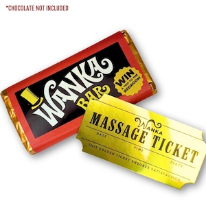 May include: A rectangular Wanka Bar wrapper in red, black, and yellow with the text WIN A TRIP TO THE BEDROOM, accompanied by a metallic gold rectangular massage ticket featuring the text WANKA MASSAGE TICKET THIS GOLDEN TICKET ENSURES SATISFACTION.
