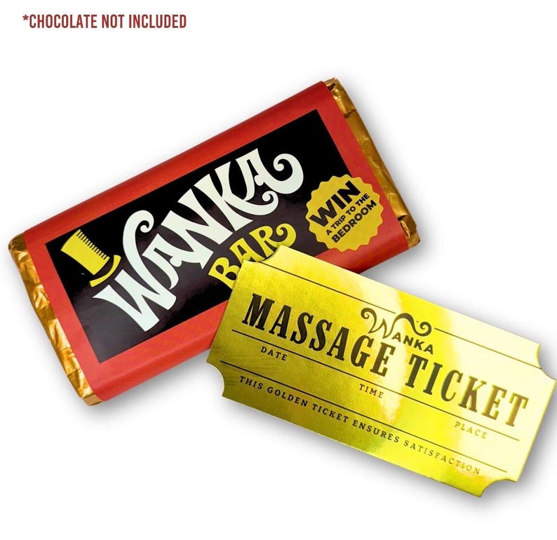 May include: A rectangular Wanka Bar wrapper in red, black, and yellow with the text WIN A TRIP TO THE BEDROOM, accompanied by a metallic gold rectangular massage ticket featuring the text WANKA MASSAGE TICKET THIS GOLDEN TICKET ENSURES SATISFACTION.