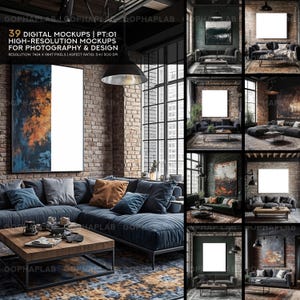 May include: A set of 39 digital mockups showcasing a range of interior design scenes with a contemporary industrial feel. The mockups feature a dark blue sectional sofa, a coffee table, and various framed artwork. The scenes are set in a loft-style apartment with exposed brick walls and large windows.