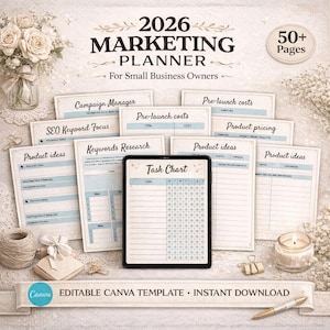 2026 Marketing Planner Canva Template, Business Growth Organizer, Social Media Content Workbook, Instant Digital Download