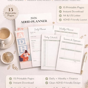 2026 ADHD-planner afdrukbare pdf, dagelijks wekelijks maandelijks organisator, werkboek uitvoerende functie, focus productiviteitsroutine tracker digitaal