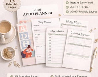2026 ADHD Planner Printable PDF, Daily Weekly Monthly Organizer, Executive Function Workbook, Focus Productivity Routine Tracker Digital