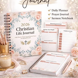 Christian Planner 2026 Diario di preghiera Studio biblico Meditazione Appunti del sermone Gratitudine Fede Diario Dono cristiano Donne Chiesa Spirale digitale