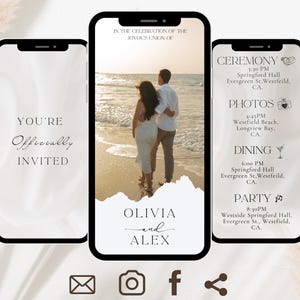 May include: A wedding invitation announcement featuring a beach scene with a couple in the background. The text reads "You're Officially Invited" and "Olivia and Alex". The invitation includes details for the ceremony, photos, dining, and party.