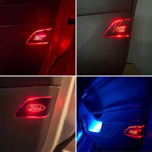 May include: Four images of car door panel lighting. The first shows a red-lit "ST" logo. The second displays a red "RS" logo. The third features a red "Ford" logo. The fourth shows a blue-lit door panel with a red "RS" logo.