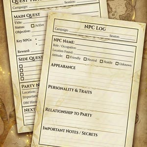Śledzenie zadań DnD i dziennik NPC do wydrukowania | Planer kampanii Dungeons and Dragons | Zestaw narzędzi DM | Organizator sesji RPG