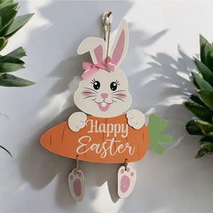 Adorable Hanging Easter Bunny Decor – Rustic Wooden &quot;Happy Easter&quot; Sign