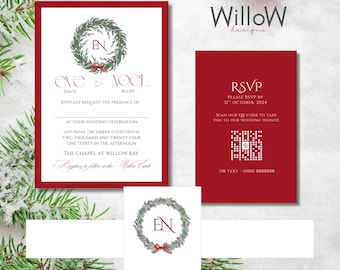 Puede incluir: Juego de invitaciones de boda en rojo y blanco. La invitación principal presenta un diseño de corona con las iniciales "EN". La tarjeta RSVP es roja con un código QR. La fecha "14 DEC 2024" también se muestra.