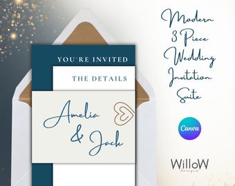 Modern Wedding Invitation Suite: Teal Blue & Dove Grey Template (Digital Download).