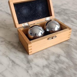 Vintage Silver Qi Gong Chinese Baoding Balls in Wooden