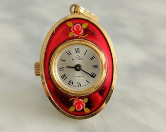 Vintage Buler Necklace Watch 17 Jewels, Enamel Roses, Made in Switzerland