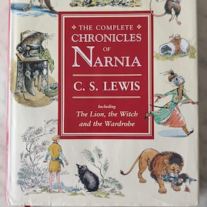 May include: The Complete Chronicles of Narnia by C.S. Lewis book cover. The cover features illustrations of characters and scenes from the book, including a lion, witch, and wardrobe. The title and author's name are prominently displayed.