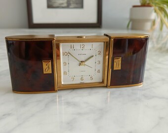 1930s Estyma 7 Jewels Swiss Art Deco Travel Alarm Clock Celluloid /Faux Tortoiseshell Enamel Brass Case