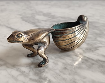 Vintage Bronze Frog Pulling Nautilus Shell Planter