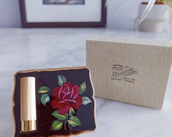 Vintage Stratton Convertible Rose Floral Compact – Gold Tone Lipstick Holder Vanity Mirror