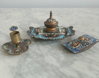 Exceptional Napoleon III Champlevé Bronze Inkwell Set – Antique French 19th Century + Candle & Blotter