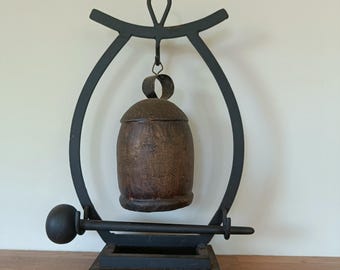 Vintage Gong Bell Stand, Rustic Asian Cowbell, Metal Striker, Table Decor