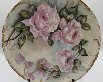 Vintage Art Pottery Haviland Hand Painted Plate Pink Roses