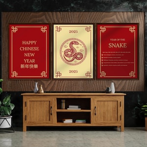 Póster imprimible del Año Nuevo Lunar, descarga digital del Año de la Serpiente, arte mural del Año Nuevo Chino, arte mural de 2025, póster del Zodíaco rojo y dorado