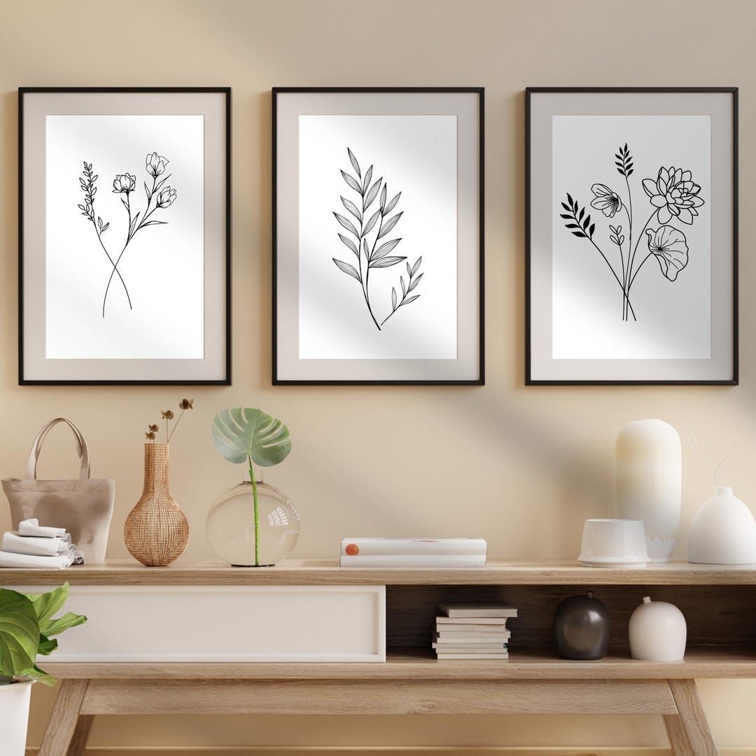 Flower Line Art Prints | Set of 3 Minimal Floral Wall Art Decor ...