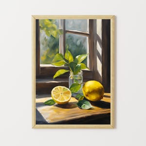 Vintage Lemon Oil Painting, Farmhouse Decor, Still Life Painting, Vintage Kitchen Decor, Fruit Printable Wall Art, Kitchen Wall Art
