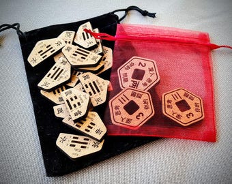 Yi King Divination Set – 16 Trigram Tokens + 3 Coins – Ancient Chinese Oracle for Guidance, Meditation & Spirituality