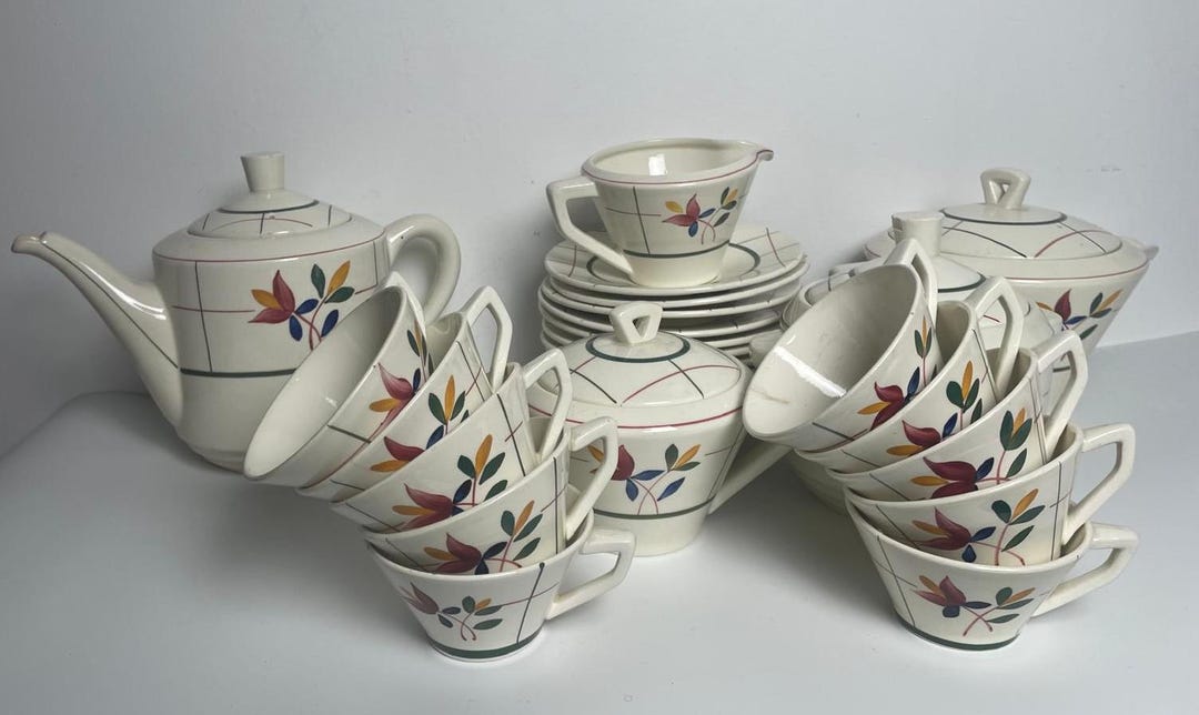 Complete Gien Earthenware Coffee and Tea Service, Tamaris Pattern, Hand ...