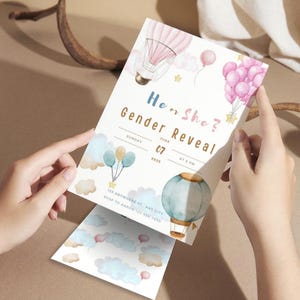 Convite para revelação do sexo do bebê em balão de ar quente, design de festa personalizado para ele ou ela!