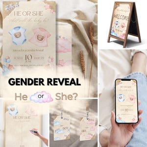 Paquete de invitaciones para revelar el género del bebé, decoraciones para fiestas de él o ella, tarjetas de votación imprimibles para niño o niña, kit digital para fiestas de género