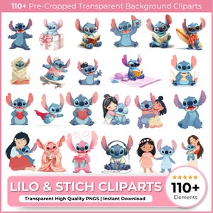 Lilo and Stitch Watercolor Clipart, Lilo & Stitch Clipart, Cute Lilo PNG, Stitch PNG, Angel PNG, Hand drawn Stitch Lilo, Watercolor Cliparts